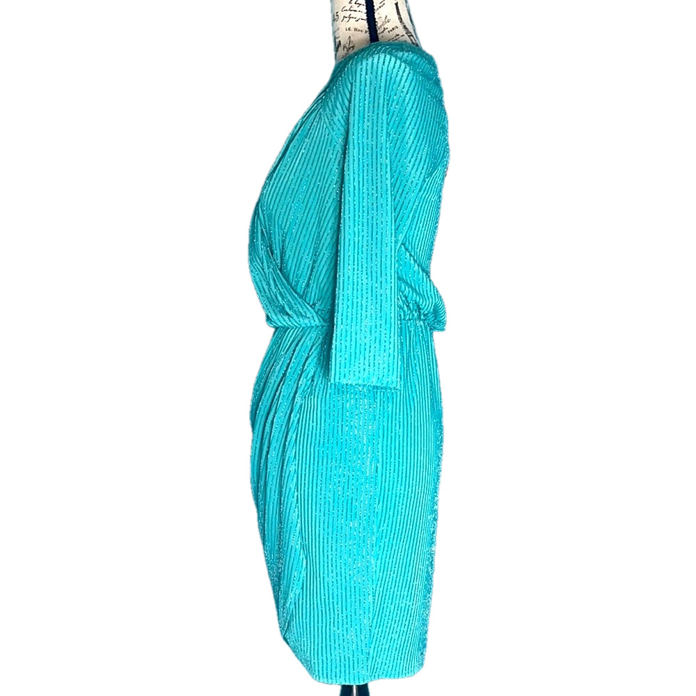 GUESS Metallic Tiffany Blue Ruched Wrap Mini Dress Prom Party Small $98 Retail - Picture 8 of 17